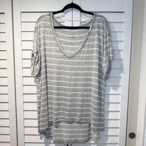 Free People We The Free Striped V Neck Relaxed Tee Roll Sleeve Top L